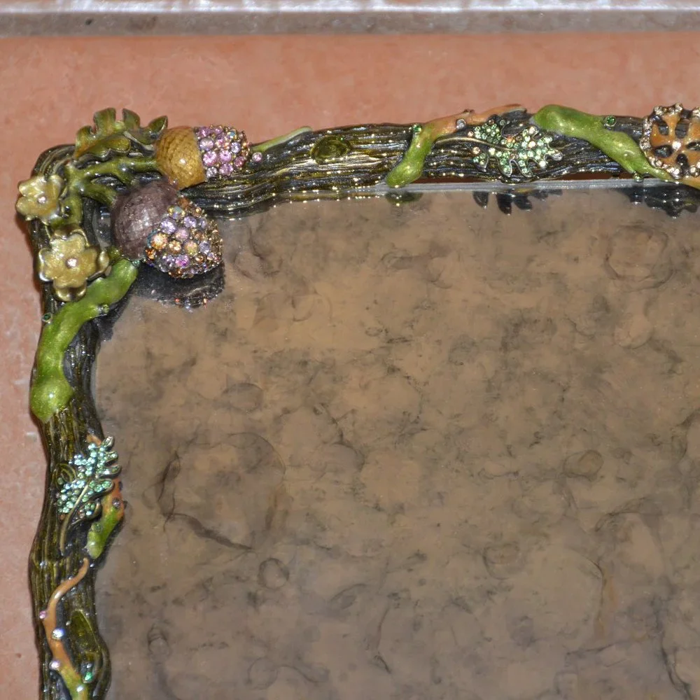 JAY STRONGWATER AUTUMN LEAF TWIG ACORN CRYSTAL ENAMEL MIRROR VANITY TRAY